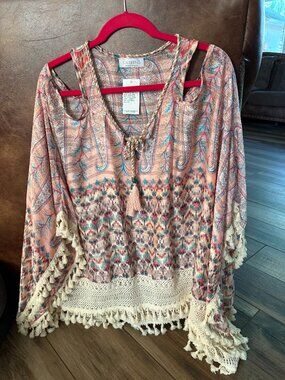 Boho Southwestern paisly print cold shoulder tassel front blouse